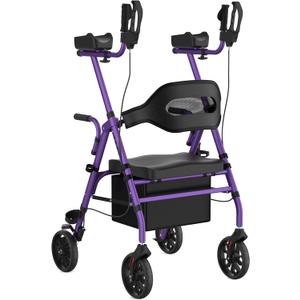 Upright Rollator Walker, Heavy Duty Stand Up Walkers for Seniors with Seat and Reversible Backrest, Foldable Standing Rollator with 8" Anti-Slip PU Wheels, Purple