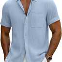 Neer Men's Big and Tall Linen Shirts M-7XL Short Sleeve Casual Button Down Blouses with Pocket Summer Beach Tops (Light Blue, 7XL)