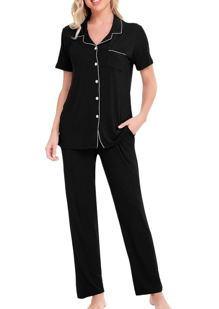 SWOMOG Women Pajama Sets Two-Piece Nightwear Short Sleeve Sleepwear Button Down Pj Lounge Sets with Long Pants L