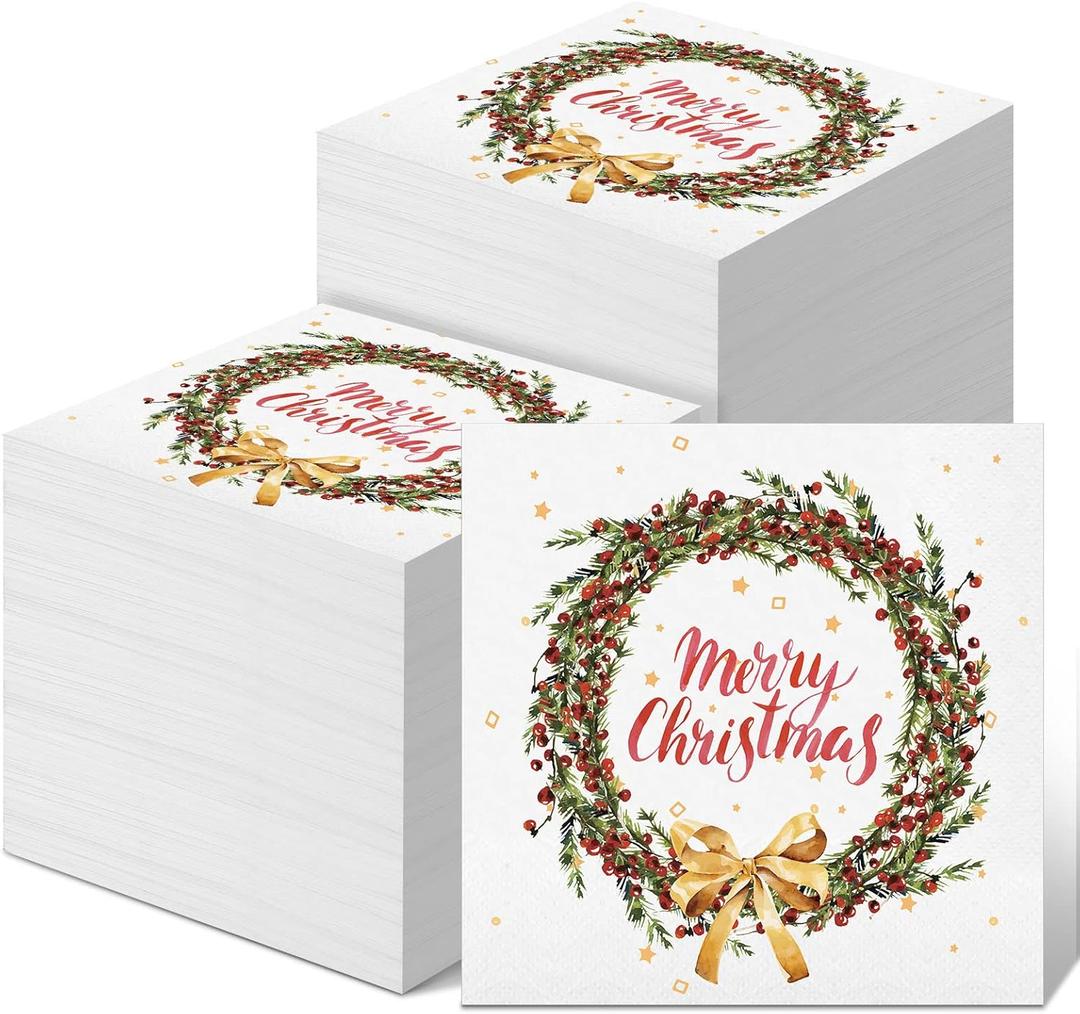 Spiareal 200 Piece Paper Napkins - Christmas Rustic Retro Decorative for Holidays, Weddings, Home (Wreath Style)
