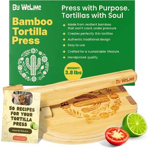 Wooden Tortilla Press By WeLime - Prensa para Tortillas, Great for Taco Tuesday, Kitchen gift, with 50 Parchment Paper Sheets, Anti Slip Pads, Manual and Digital Cookbook, Made of Durable Bamboo (10")