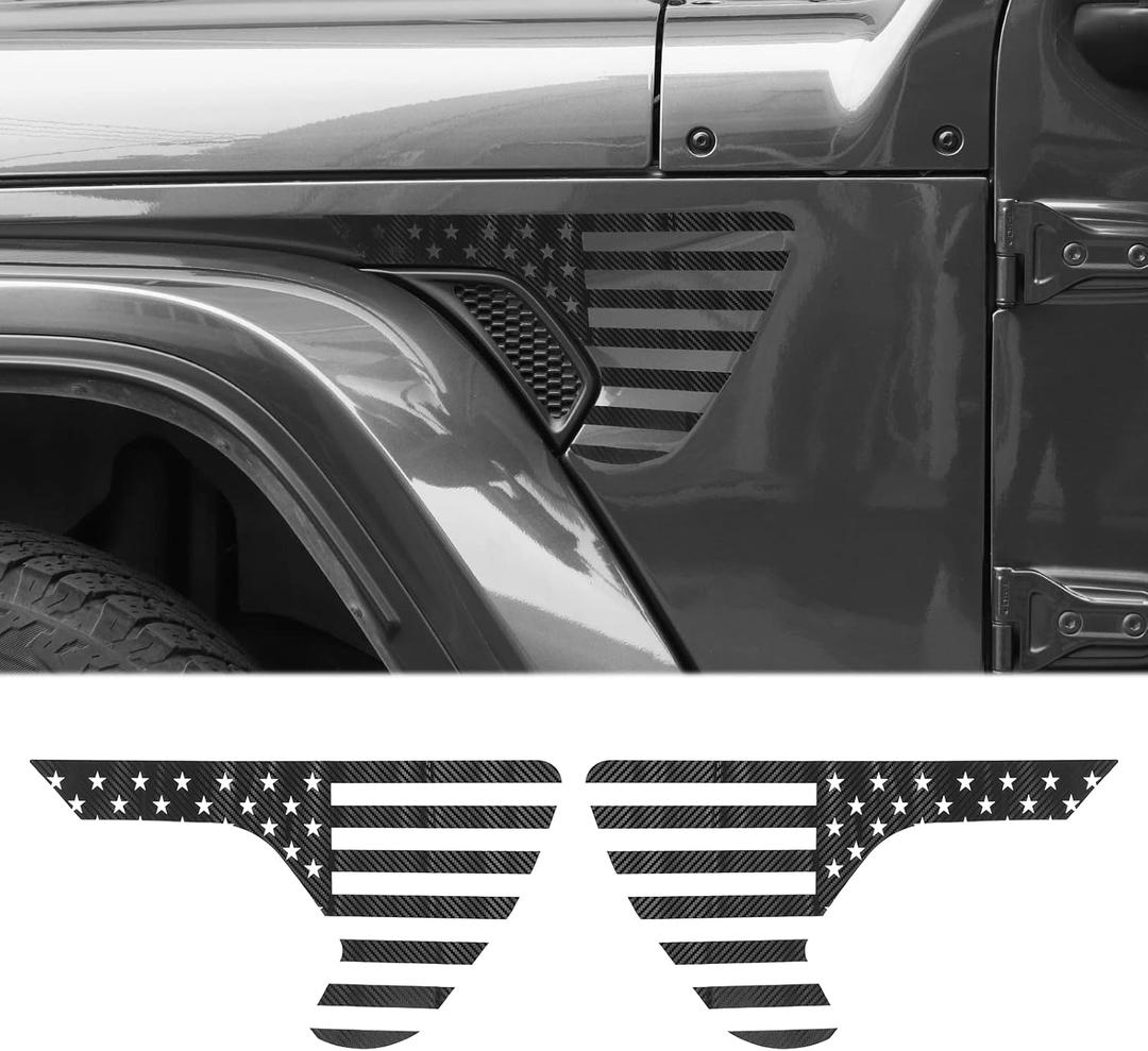 JeCar American Flag Decals Side Fender Vinyl USA Flag Stickers Exterior Accessories Compatible with Jeep Wrangler 2018-2025 JL JLU & 2020-2025 Gladiator JT, Carbon Fiber