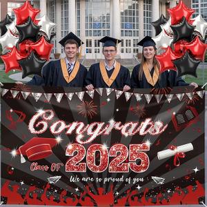 2025 Graduation Party Plastic Backdrop - 65" x 32.7" Congrats Grad Banner in Red, Large Class of 2025 Decorations, Photography & Grad Party Supplies