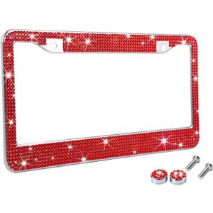 Red Bling Rhinestone License Plate Frames for Women, Metal Rust-Proof License Plate Cover Bling Car Accessories for Women Girls (1pc)