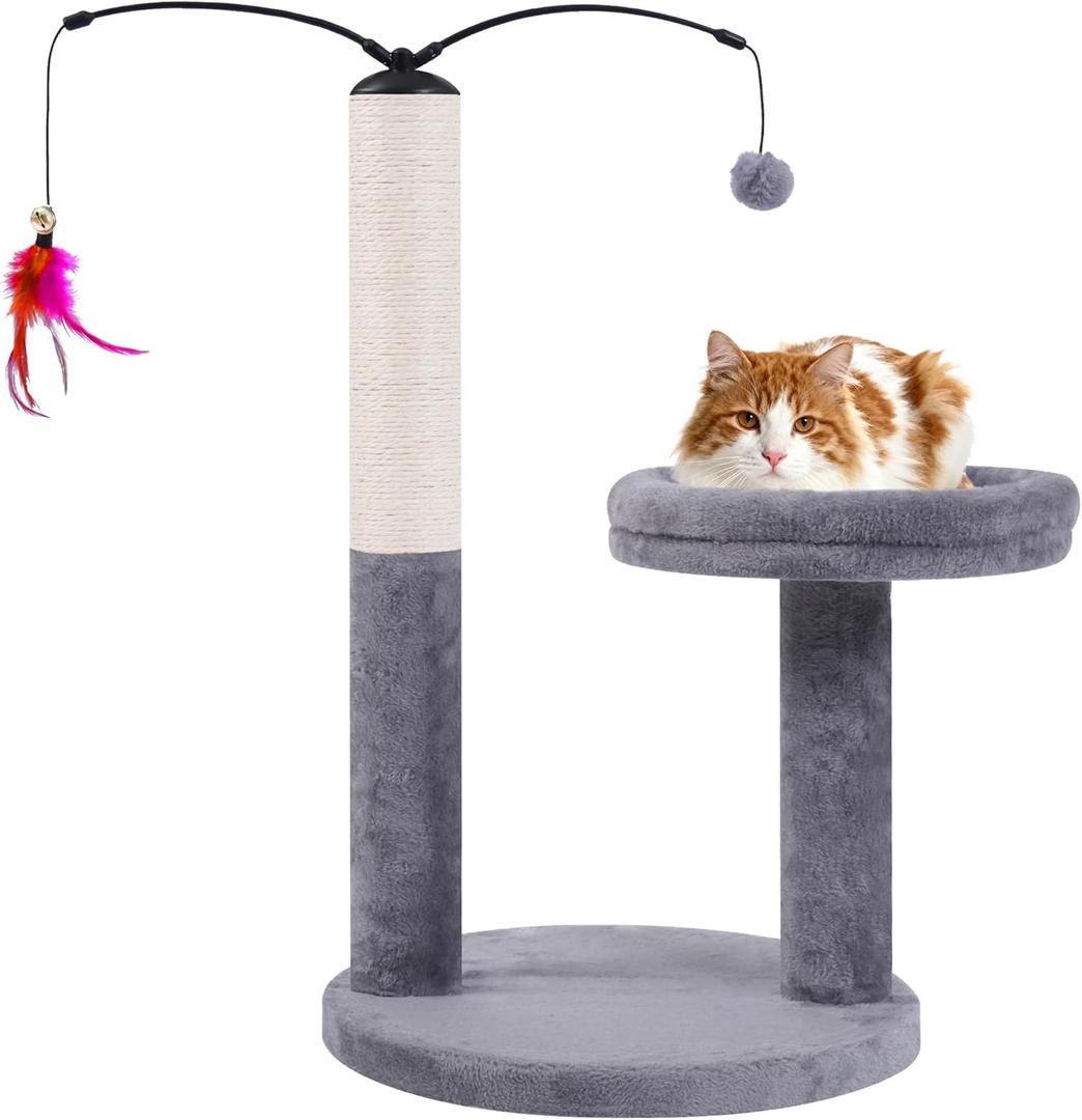 AIWIKIDE 24" Scratching Post, Interactive Cat Scratcher, with Perch & Plush Toy, Sturdy Weighted Base, Grey