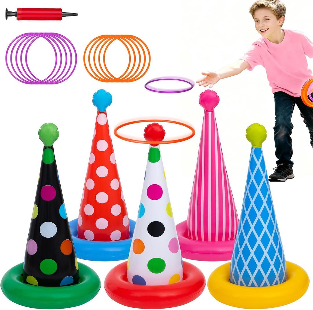 Inflatable Ring Toss Game, Birthday Party Games Ring Toss Game for Kids Adults Birthday Party Decorations Lawn & Yard Games Toys for Family 5-Pack with 10 Plastic Rings