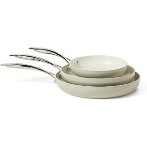 Amazon Basics Ceramic Nonstick Cookware, 3-Piece Set of Frying Pans, All Cooktop Induction Compatible, Dishwasher-Safe, Oven-Safe, Linen Gray