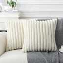 Decorative Throw Pillow with Inserts, Set of 2 Soft Faux Fur Throw Pillows, Square Boho Striped Pillow for Couch, Bed, Sofa Decor(Beige, 18" x 18")