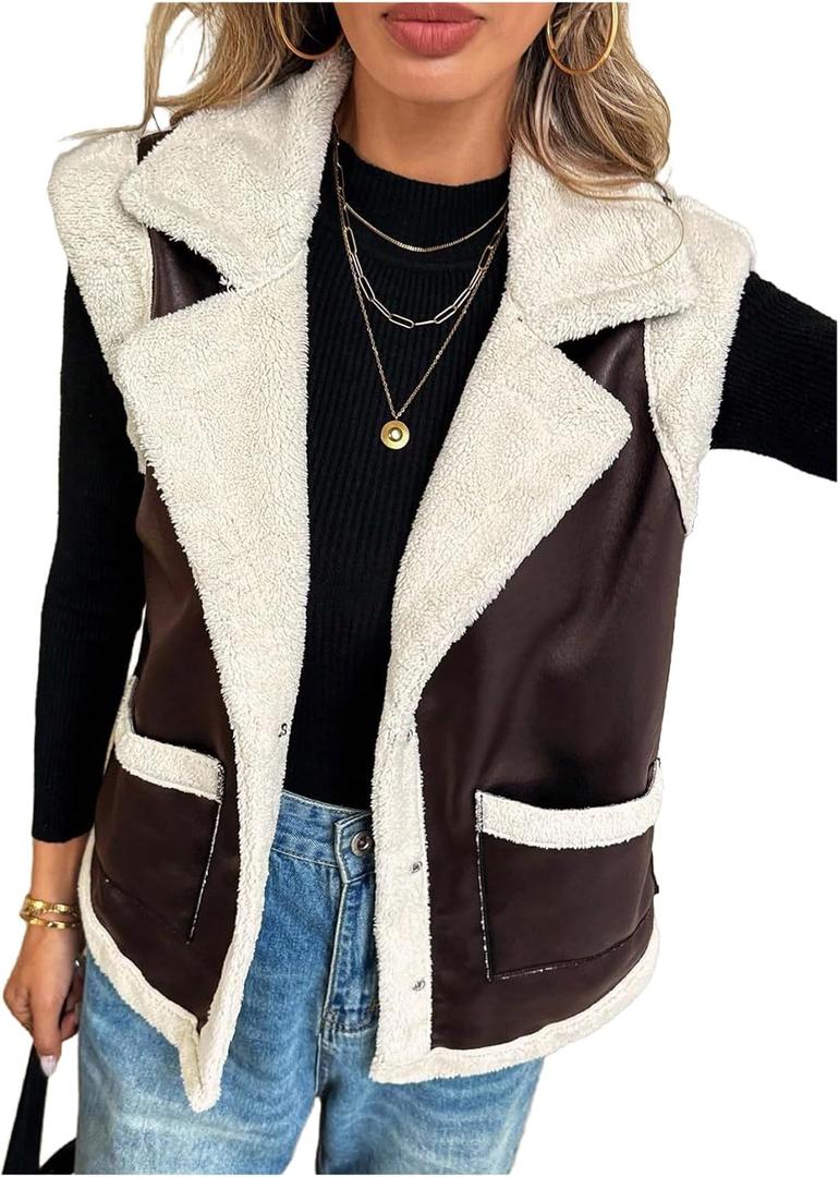 MakeMeChic Women's PU Leather Fuzzy Vest Open Front Sleeveless Pocket Warm Jacket