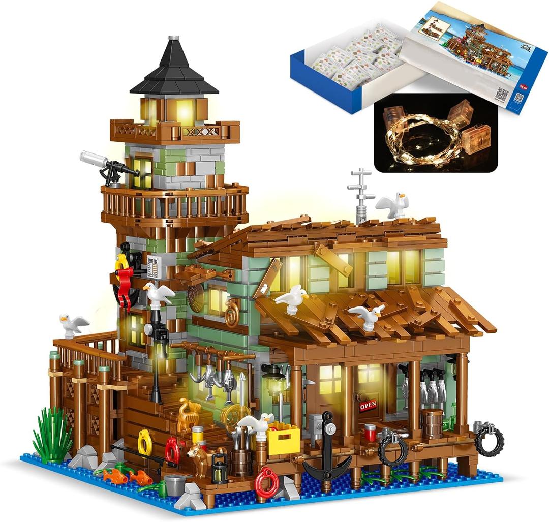 1881PCS Fishing Village Cabin Mini Building Blocks Toys with Led Lighting,Creative Ideals Fishing House Architecture Building Sets, Best Choice for 6+ Boys, Girls or Adults(Not Compatible with Lego)
