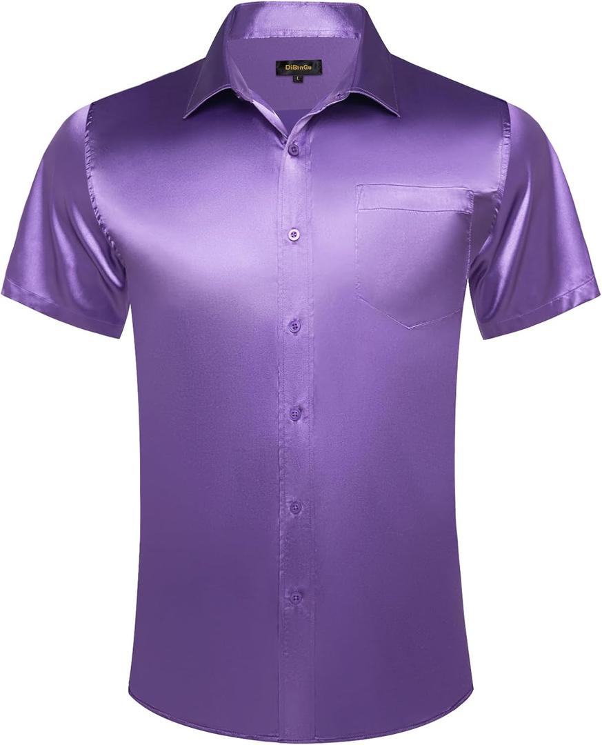 DiBanGu Mens Dress Shirts,Casual Solid Short Sleeve Shirt Regular Fit Summer Button Down Shirts with Pocket (Medium, Lavender Purple)