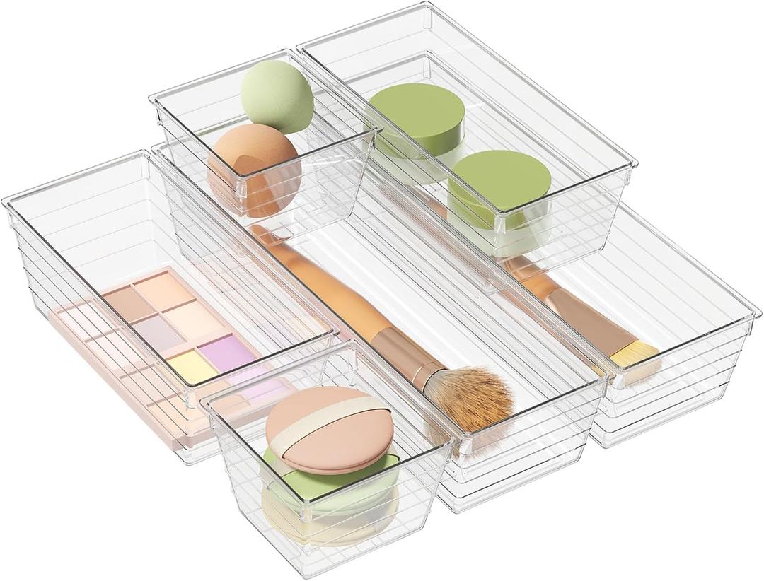 6 Pack Clear Drawer Organizer, Acrylic Drawer Storage Trays, Storage Bins for Makeup, Cosmetics, Jewelries, Utensils, Gadgets, Office