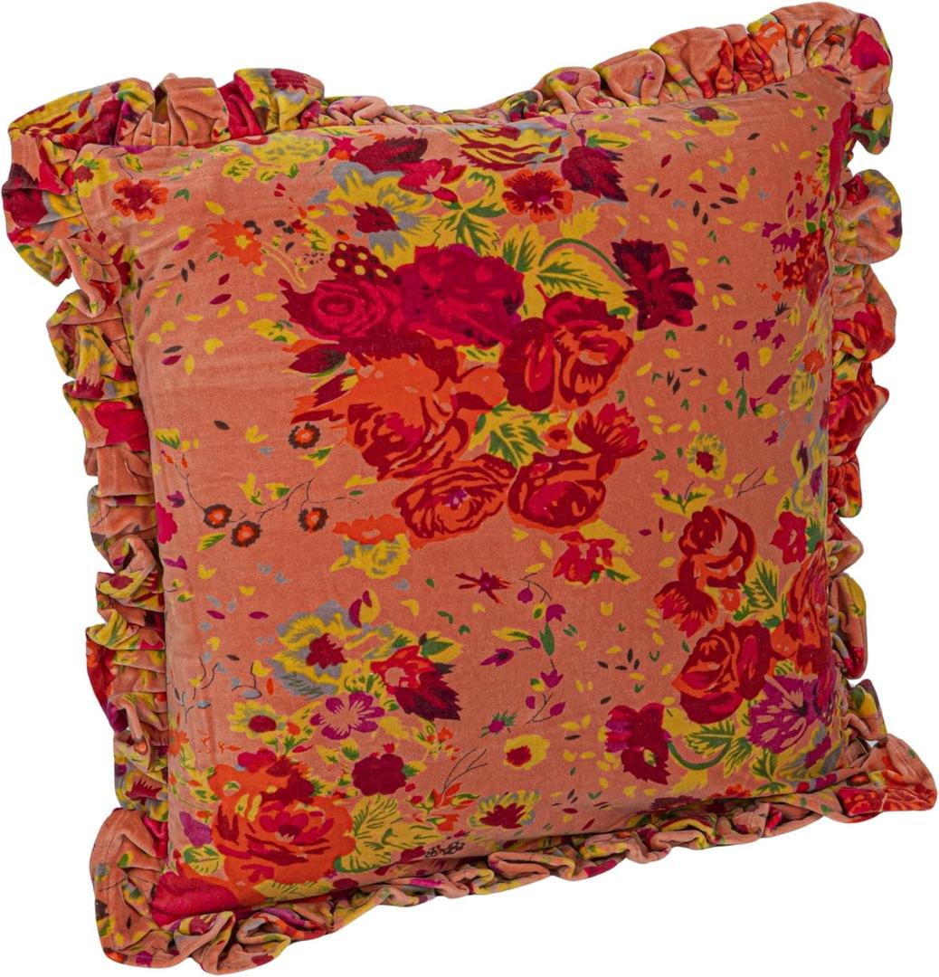 Creative Co-Op Cotton Velvet Printed Pillow with Floral Pattern, Chambray Back and Ruffle, Multicolor, Square
