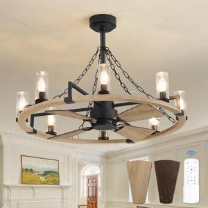 Wagon Wheel Rustic Chandelier Ceiling Fan with Light, 36 inch Farmhouse Caged Ceiling Fans, Dual Finish Blades, Wood Bladeless Fandelier Fan Lights Ceiling Fixtures for Bedroom Kitchen
