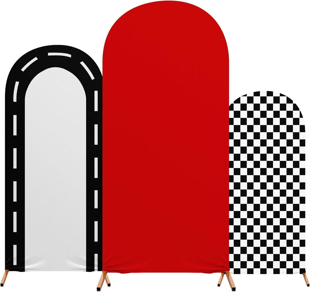 Fast Party Arch Backdrop Cover Set of 3 Racing Theme Arch Covers Spandex Stretch Backdrop Stand 4ft, 5ft, 6ft for Wedding Birthday Banquet Ceremony Decoration(Red)