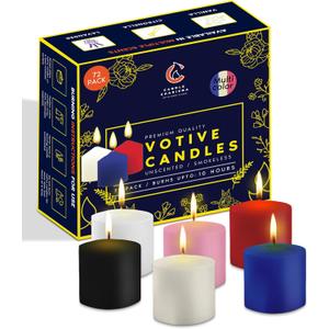 Candle Charisma Multicolor Unscented Votive Candles - 10 Hour Burn time - Set of 72 for Dinner, Wedding, Halloween and Holiday Decorations