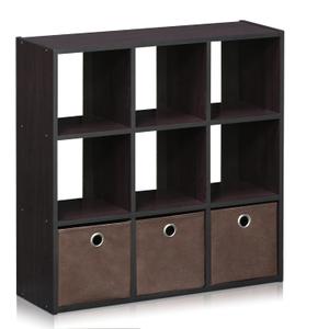 Furinno Simplistic 9-Cube Organizer with Bins, Small Size (Assembled Unit Dimensions : 7.9"D x 26.5"W x 26.7"H Inches), Dark Walnut