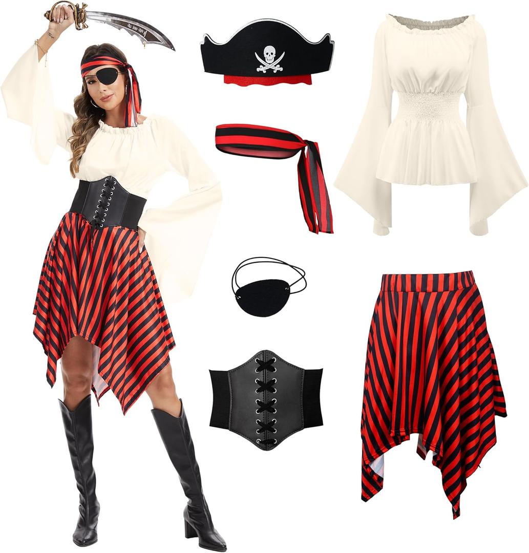 DARFULA 6 Pcs Womens Pirate Costume Renaissance Shirt Dress with Head Scarf Waist Belt Medieval Costume Accessory Sets (Medium, Beige)