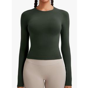 RUNNING GIRL Long Sleeve Yoga Shirts for Women, Soft Fitted Seamless Stretchy Casual Crew Neck Athletic Basic Shirt, Large