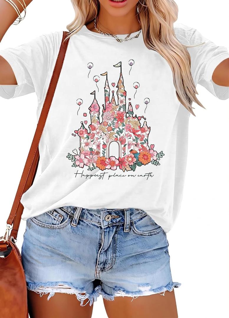 T&Twenties Women Magical Shirt for Women Funny Magic Kingdom Family Vacation Tshirt Casual Graphic Short Sleeve Tee Tops White (White, M)