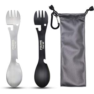 PSKOOK 5-in-1 Utility Tactical Spork, 2-Pack Stainless Steel Spoon & Bottle Opener, Fork & Knife, Can Opener Combo Camping Utensil for Hiking, Camping or Backpacking (Black & Matte Silver)