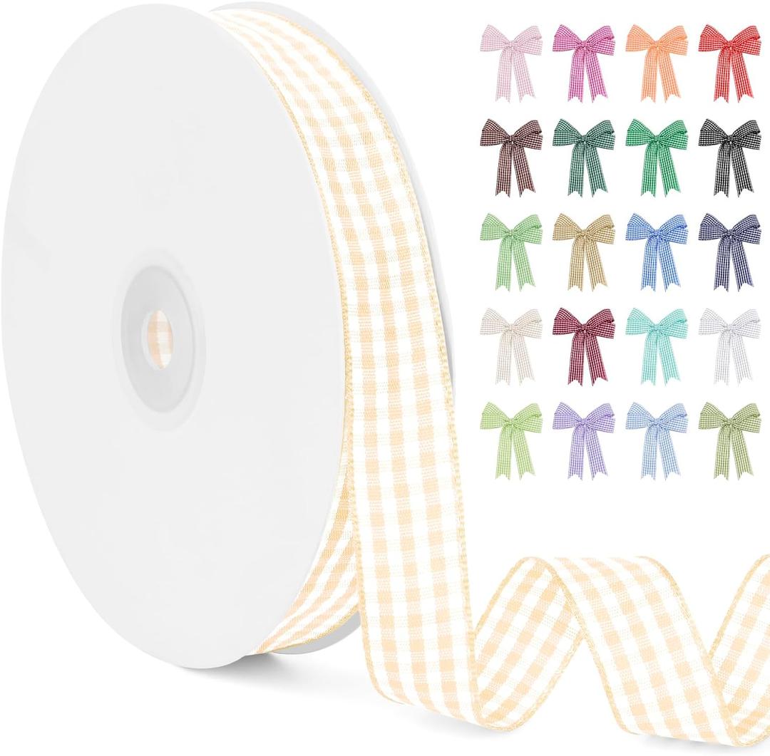 Beige Gingham Ribbon 5/8 Inch x 50 Yard Vintage Checkered Tartan Plaid Ribbon Polyester Cloth Fabric Woven Edge, Party Supplies for Presents Wrapping Bows DIY Craft Wedding Decoration