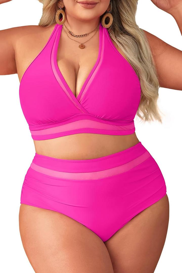 Tempt Me Women Plus Size Bikini High Waisted Swimsuits Mesh Tummy Control Two Piece Bathing Suit, Hot Pink, 18 Plus