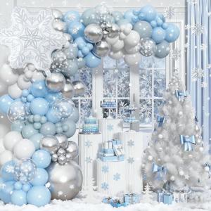 Snowflake Balloon Arch kit, 128PCS Blue Silver White Balloon Garland with Snowflake Foil Balloons for Winter Wonderland Christmas Holiday Baby Shower Snow Princess Birthday Party Decorations
