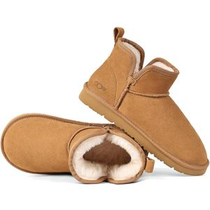 OOW Winter Ankle Genuine Suede Boots for Women Snow Slip On Comfort Short Booties Fall Warm Casual Fuzzy Shoes for Indoor & Outdoor (8, Chestnut)