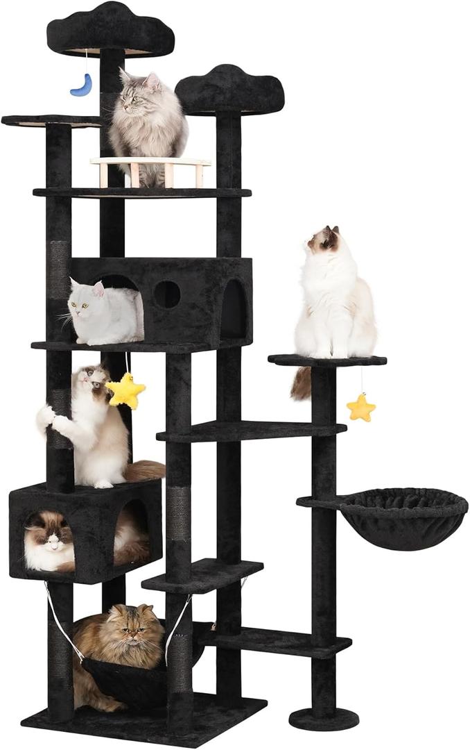 85inch Tall Cat Tree for Indoor Cats Large Adult, Multi-Level Cloud Cat Tower with Scratching Post, Heavy Duty Cat Cat Condo with Hammocks & Plush Perches for Maine Coon, Black