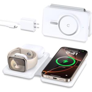 Magnetic Wireless Charger for iPhone: 3 in 1 Travel Charging Station for Apple Devices for iPhone 16 15 14 13 12 Pro Max Plus - Foldable Charging Pad for Apple Watch Series & Airpods 4 3 2 Pro (White)