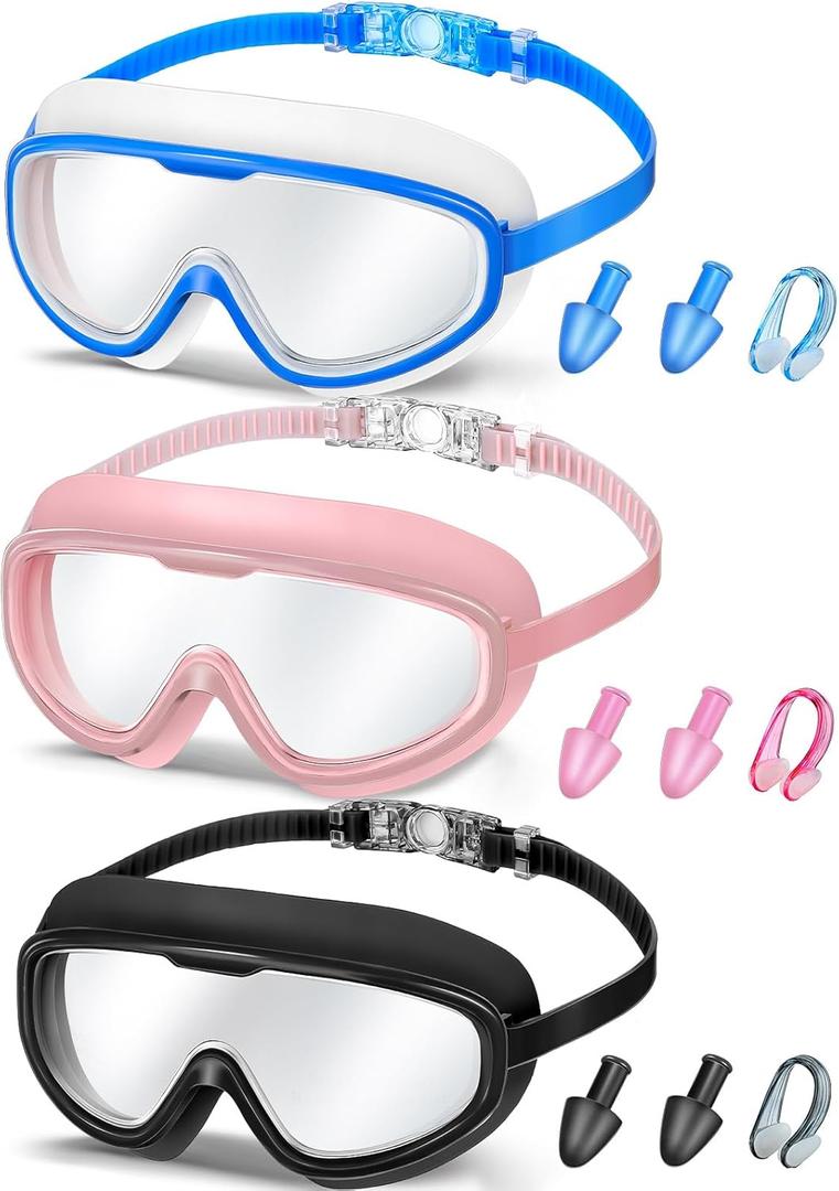 Konohan 3 Pack Adult Swim Goggles Swimming Wide Goggles No Leaking Anti Fog Glasses with Nose Clips Ear Plugs