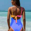 popvil One Piece Swim Suit for Women 2026 Neon Bathing Suit Cut Out Wrap Color Block Swimsuits Shell Stitched Swimwear (S)