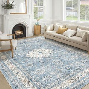 Vintage Living Room Area Rug 8x10 - Large Soft Washable Oriental Traditional Distressed Farmhouse Rugs for Bedroom - Indoor Floor Accent Carpet for Home Office House Decor - Blue