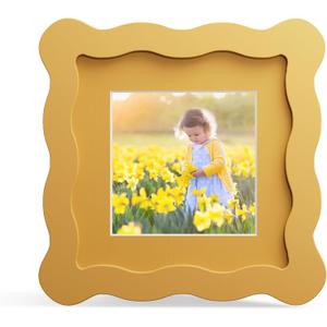 4x4 Picture Frame with Mat for 3x3, Wavy Edge Wooden Real Glass Photo Frame for Tabletop and Wall Hanging, Yellow, 1 Pack