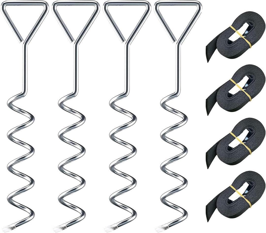 Trampoline Anchor Kit,Tent Pegs Heavy Duty Hard Ground Metal Screw In Storm Pegs Strong Long Galvanized with Adjustable Belt for Swings,Garden Shed,Playhouses,Dogs