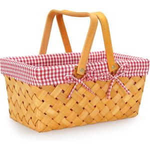 G GOOD GAIN Woodchip Picnic Basket with Folding Handle, Natural Hand Woven Easter Basket, Easter Eggs and Easter Candy Basket, Bath Toy and Kids Toy Storage, Gift Packing Basket.