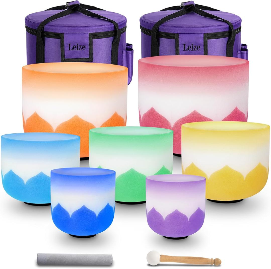 Leize 6-12 inch Lotus Design Colored Rim Tuned 432hz Set of 7 Quartz Crystal Singing Bowls with Heavy Duty Carrying Cases and Singing Bowl Mallet Suede Strikers
