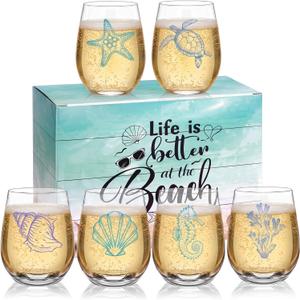 Remerry 3 Pack Set Beach Themed Stemless Wine Glasses with Gift Box Assortment Wine Glasses for Summer Party Favors Coastal Lovers Gifts Bulk for Women Men Birthday Fathers Day, Wine glasses: about 4.7 x 3.7 x 2.9 inches