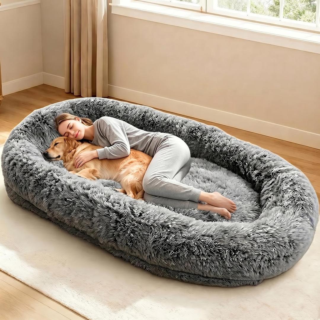 XXL Human Dog Bed 79"x44"x12.5" Cozy Giant Floor Bed for Adults, Soft Faux Fur Human Sized Dog Bed with Washable Removable Cover, Side Pocket & Blanket, Black Grey