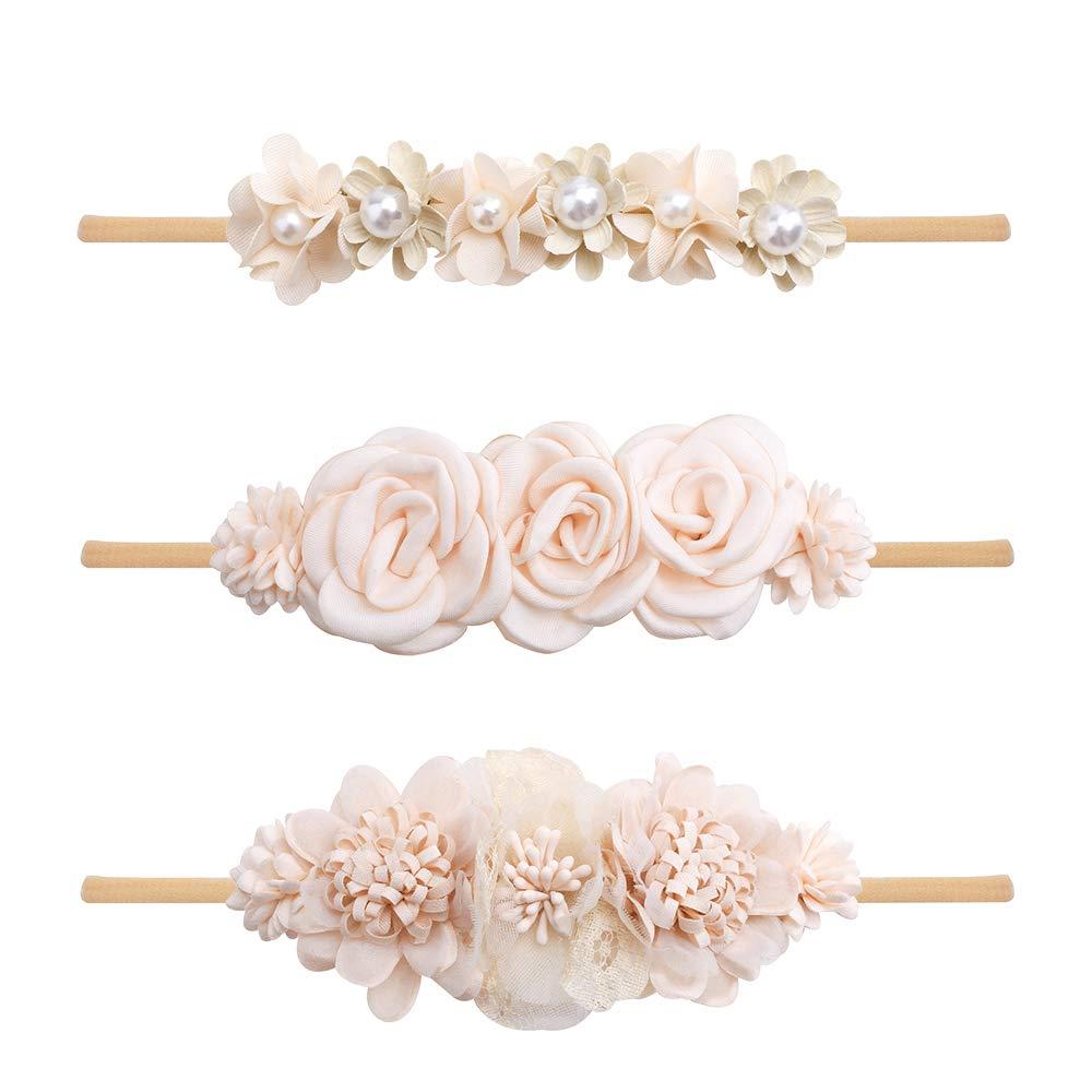Baby Girl Nylon Headbands Flower Hair Bows Accessories-Elastic Hair Band Crown Handmade Floral Wraps Birthday Gifts for Girls Newborn Infant Toddler 3Pcs (Beige)