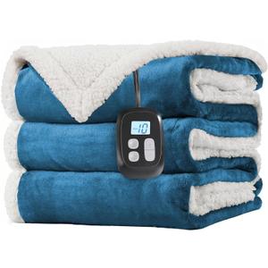LaffyLo Electric Heated Blanket Twin Size 62 x 84, Fast Heating Blanket, Dual-Sided Flannel Sherpa, 10 Heat Settings, 1-12 Hour Auto Off, Machine Washable, Lake Blue