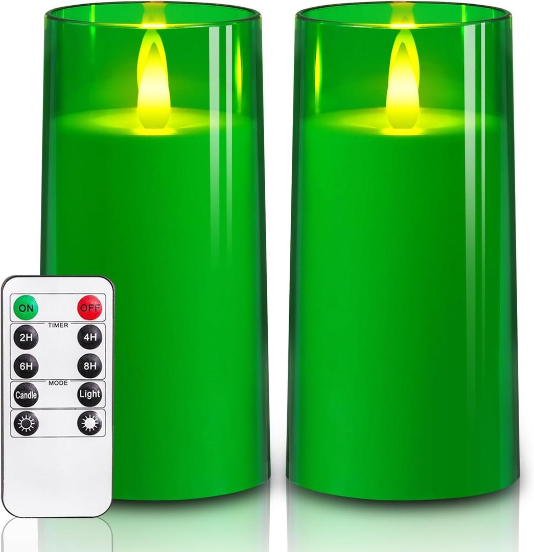 NURADA Flickering Flameless Candles: Built-in Star String Acrylic Battery LED Pillar Candles Candles with Remote and Timer for Home Party Weddings Christmas Halloween Decor -Green 2 Pack
