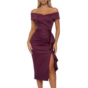 CurvySweet Women's Off the Shoulder Ruched Midi Dress with Built-in Bra Burgundy L