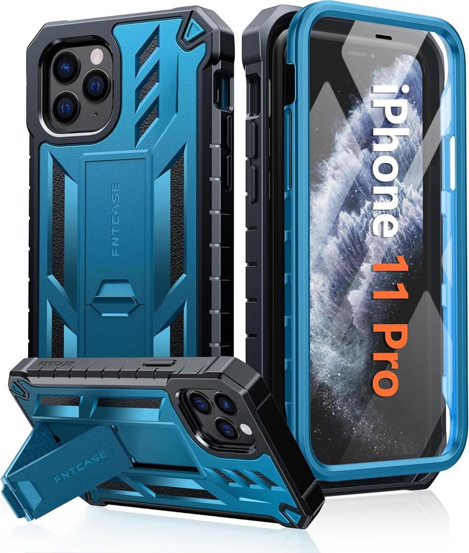 FNTCASE for iPhone 11 Pro Case: Military Grade Shockproof Dual Protective Cell Phone Cover with Kickstand - Rugged Full Protection Matte Textured Dropproof Heavy Duty Hard Cases - 5.8 Inch Blue