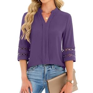 Funlingo 3/4 Length Sleeve Womens Tops Summer Dressy Casual V Neck Tunic Blouses Business Work Pleated Shirts Fashion Clothes Purple XL