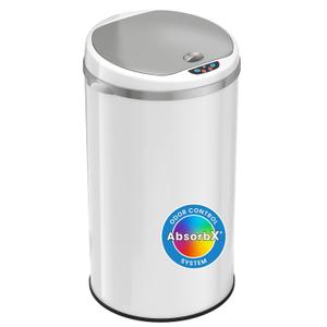 iTouchless 8 Gallon Trash Can with Odor Filter, White Stainless Steel Trashcan Round Garbage Bin for Home Office Work Bedroom Living Room Garage Large Capacity Slim Wastebasket (Alpine White, Silver)