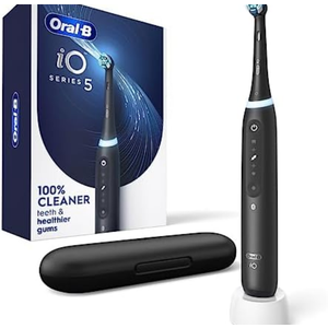 Oral-B iO Series 5 Rechargeable Electric Toothbrush with Visible Pressure Sensor to Protect Gums, 2 Minute Timer, 5 Cleaning Settings, 1 Replacement Toothbrush Heads, and Travel Case, Black Oral-B iO Series 5 Rechargeable Electric Toothbrush with Visible Pressure Sensor to Protect Gums, 2 Minute Timer, 5 Cleaning Settings, 1 Replacement Toothbrush Heads, and Travel Case, Black