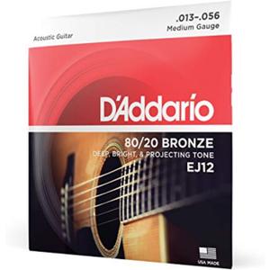 D'Addario Acoustic Guitar Strings, 80/20 Bronze, EJ12, Medium Gauge 13-56, 6-String Set, Pack of 1