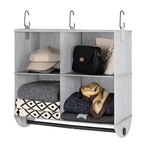 StorageWorks Hanging Closet Organizer with Metal Rod, 4-Section Closet Organizers and Storage, Collapsible Hanging Shelves for Closet, Bedroom, Kids Dorm Room, RV Camper, Gray and White